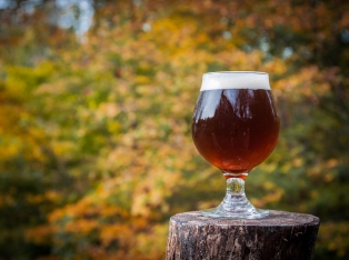 Home brewed Peated Red ale against fall foliage